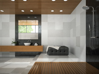 Interior of  stylish bathroom with wooden ceilibg 3D rendering