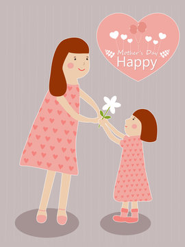 Mother and daughter. symbol of love on sweet background,greeting card, Flat design Mother's day card. can be add text. Vector illustration