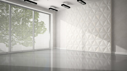 Empty room with white panel wall 3D rendering