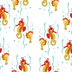 
The illustration shows seamless pattern with funny seahorses in a cartoon style.