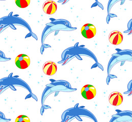 
The illustration shows a seamless pattern for childrens textiles with blue dolphins . Done in cartoon style