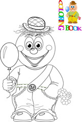 
The illustration shows a funny cartoon clown with a balloon in hand. Illustration done in isolation, black and white outline done for coloring book
