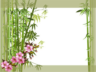 Naklejka premium pink spring flowers and green bamboo branches