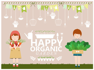 Girl and boy in garden. Growing Vegetables in a Home Garden. Pre