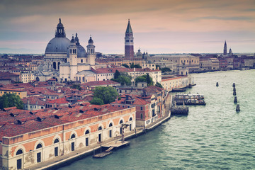 Venice. Aerial view of the Venice with Basilica di Santa Maria della Salute and St. Mark's Campanile.