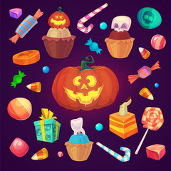 Set of colorful halloween sweets and candies icons