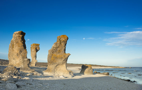 Kalksteinfelsen auf der Insel F&aring;r&ouml;, Schweden, ane inem Sommermorgen