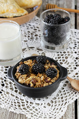 Homemade granola with yogurt and blackberry, healthy breakfast