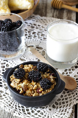 Homemade granola with yogurt and blackberry, healthy breakfast