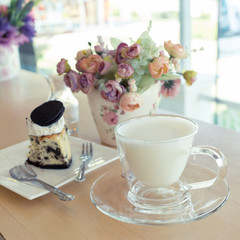 hot drink milk with cake in the morning