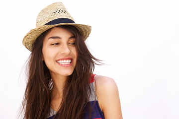 Cheerful young woman with long hair smiling