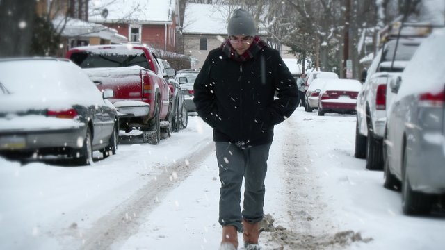 4K Man Walks in Street in Snow Storm 3953