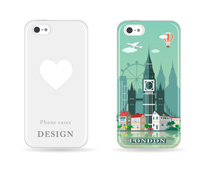 Phone case design with colored print. Modern London city skyline pattern with flat style design for cases isolated vector illustration