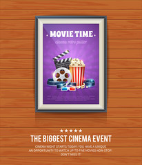 Realistic cinema poster in a wooden picture frame