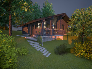 Country house night illumination 3d rendering