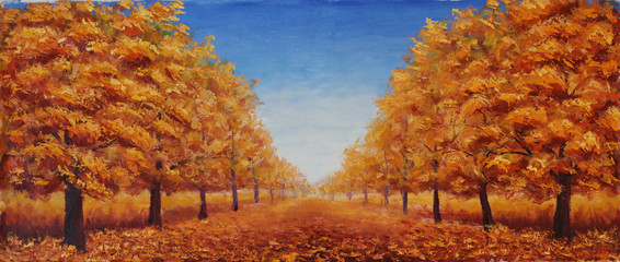 The street is dotted with yellow leaves. Trees in autumn on a background of blue sky with clouds 