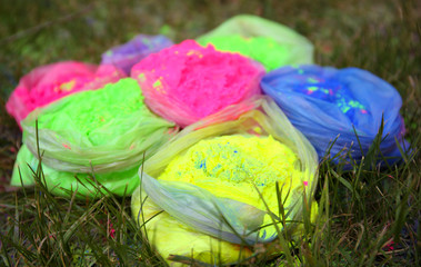 Bags with Indian dyes on Holi color festival