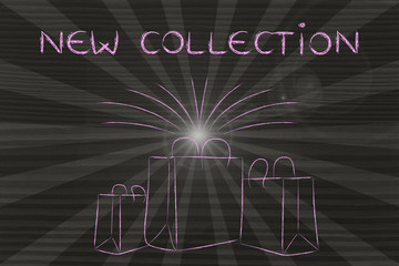 Boutique shopping bags with retro rays and text New Collection