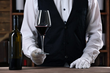 Bartender working at counter on bar background