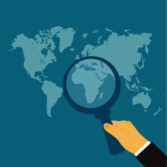 hand holding magnify glass, world map, search, vector illustration in flat design for web sites, Infographic design