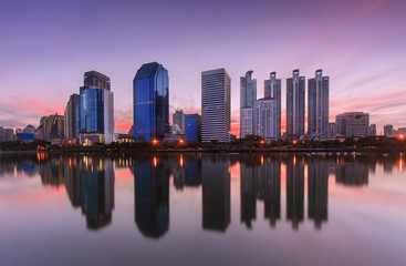 bangkok city buildings reflection at sunrise