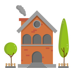 Retro flat residential brick house with tree country scenery background vector building illustration - 90754132