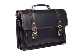 Black leather briefcase isolated on white background