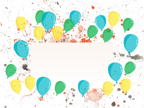 colorful flat Happy Birthday Greeting Card with place for text balloons vector business template watercolor blotch background