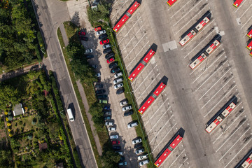 aerial view of large bus parking