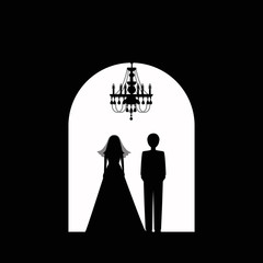 Black silhouette of groom and bride. Wedding ceremony in church