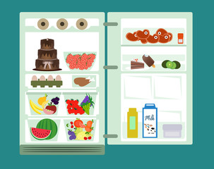 Refrigerator full of different healthy food on blue background.
