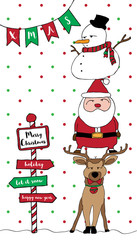 Merry Christmas card Santa reindeer snowman vertical
