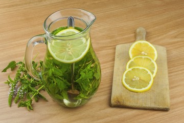 Fresh homemade mint tea. Tempting summer refreshment. Healthy, refreshing drink without sugar. Peppermint tea in a glass jar with lemon. Preparing tea.
