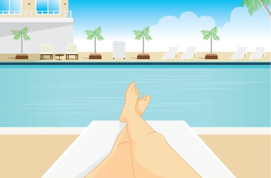 Point view of woman to sunbathing at a resort pool side. Which saw her legs in the picture.