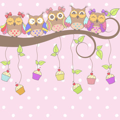 Beautiful card with owls on the tree and cakes on a pink background
