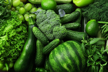 Green fruits and vegetables background