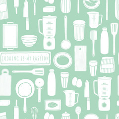 Doodle cooking background. Vector seamless pattern with kitchen tools. For kitchen fabrics, paper napkins, wallpapers. Pattern is cropped with clipping mask so you can release it and easily edit