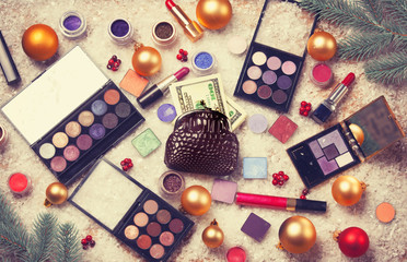 Cosmetics on snow background