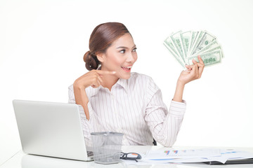 business woman hold US bank notes in hand