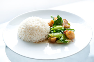 Stir fried kale with crispy pork - chinese food