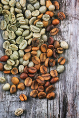 Green and brown coffee beans