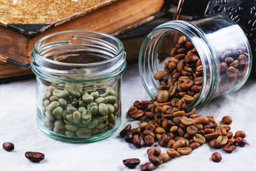 Green, brown and black coffee