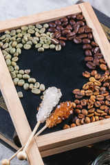 Green, brown and black coffee