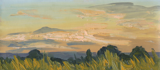 Naklejka premium Summer sunset. Oil painting
