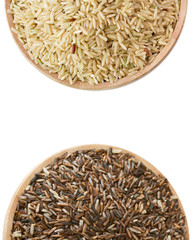 Half black rice and brown rice in the wooden plate isolated on white background