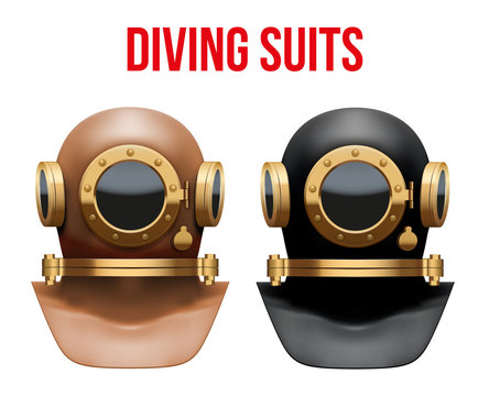 Set of Underwater diving suit helmet.