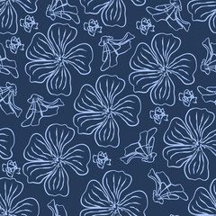 Vector seamless pattern with turquoise flowers and buds on blue background