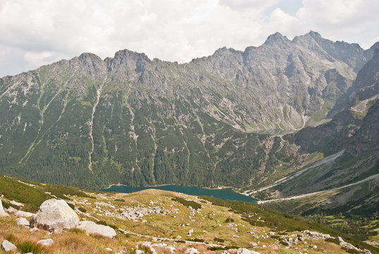 view to Morskie Oko and Czarny Staw lakes during descend from Szpiglasowa Przelecz in Tatry mountains