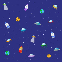 Seamless texture with space rocket, ufo, earth and moon. Vector