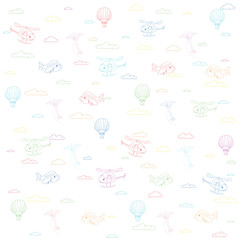 Seamless texture with cartoon transport. Helicopter, aircraft, b